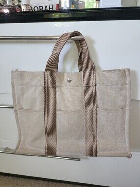 Hermes Beige Canvas Messenger Tote with Brown Striped Handles